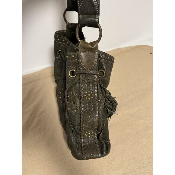 Jamie Drake Hobo Shoulder Bag Womens Olive Green Leather Drawstring Tassel Boho - Picture 3 of 14